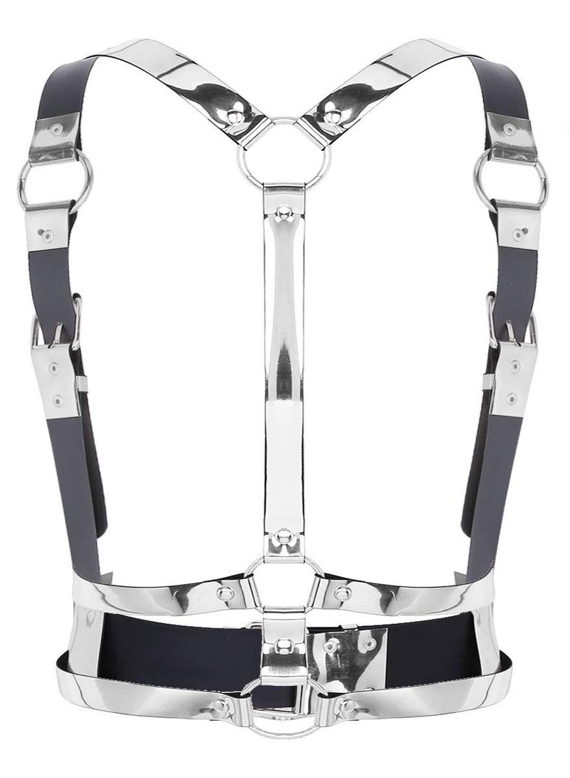 حزام خصر جلد مرآة بتصميم بانك، سلسلة جسم حزام صدر، حزام خصر PU غوت، ملابس حفلات لامعة لفتحات الرقص وإكسسوارات الجسم للنساء والفتيات - Image 4